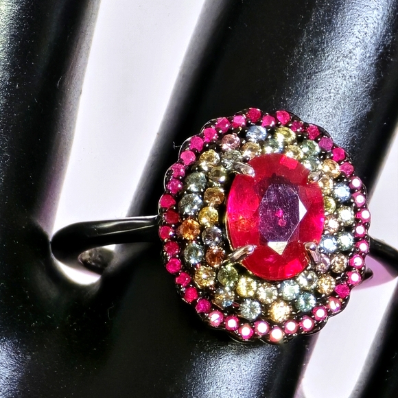 925 Sterling Silver Ring Sz 7.75 with Natural Oval Ruby 6×8mm & Myanmar Sapphire - Picture 3 of 12